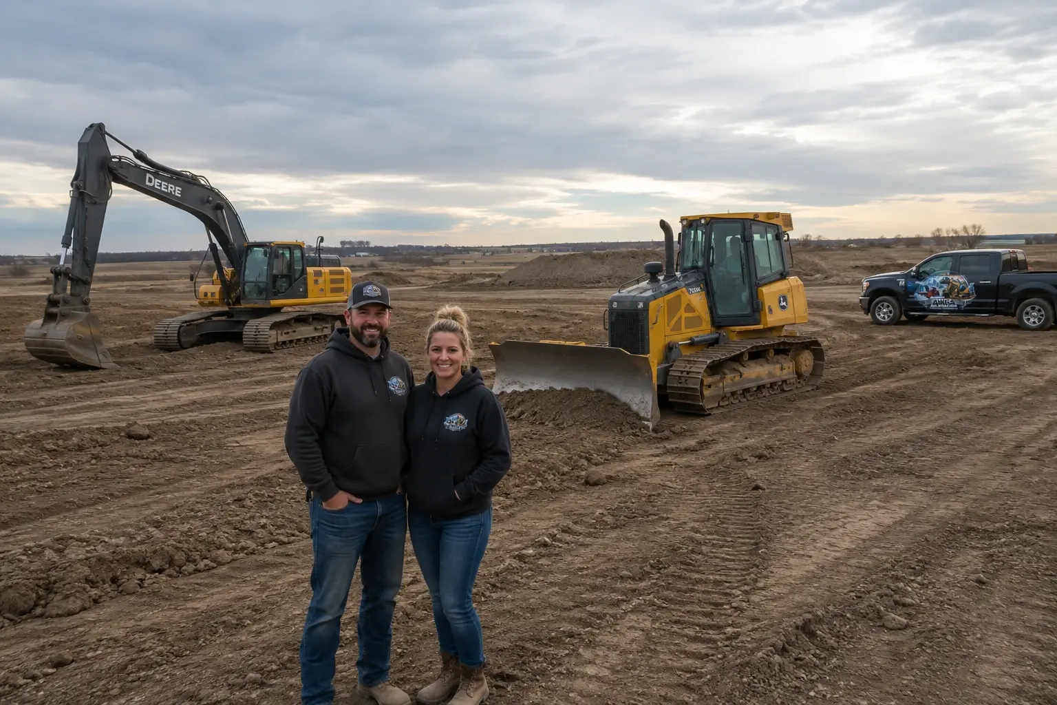 The owners of All Weather Ground Solutions standing in front of their excavator and dozer on a job site
